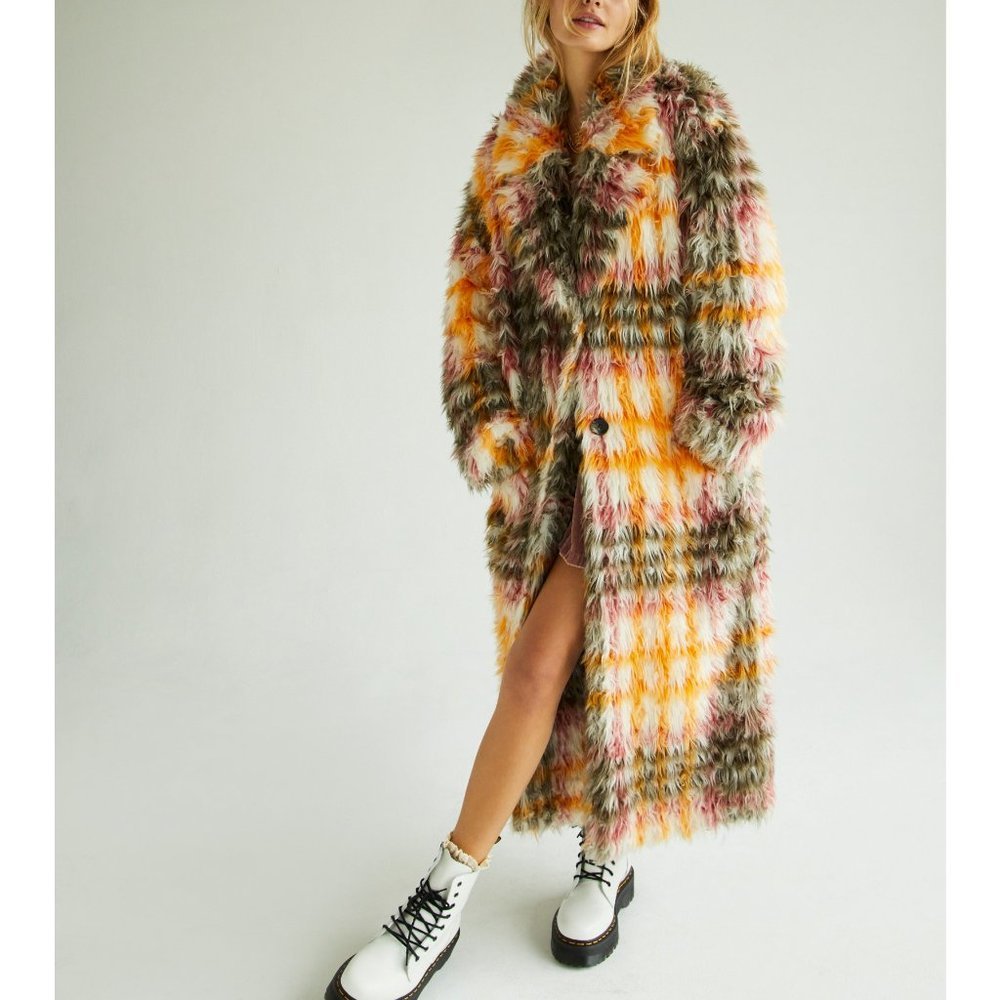 NWT Free People Cardi Plaid Faux Fur Coat / Plaid - Picture 3 of 13